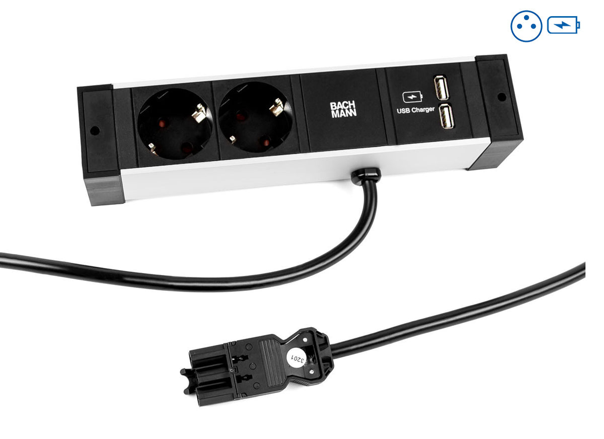 Bachmann DESK RAIL – Tischsteckdosenleiste, 2× Typ E, 2× USB (5 V/3,1 A), 2 m, Stecker GST18