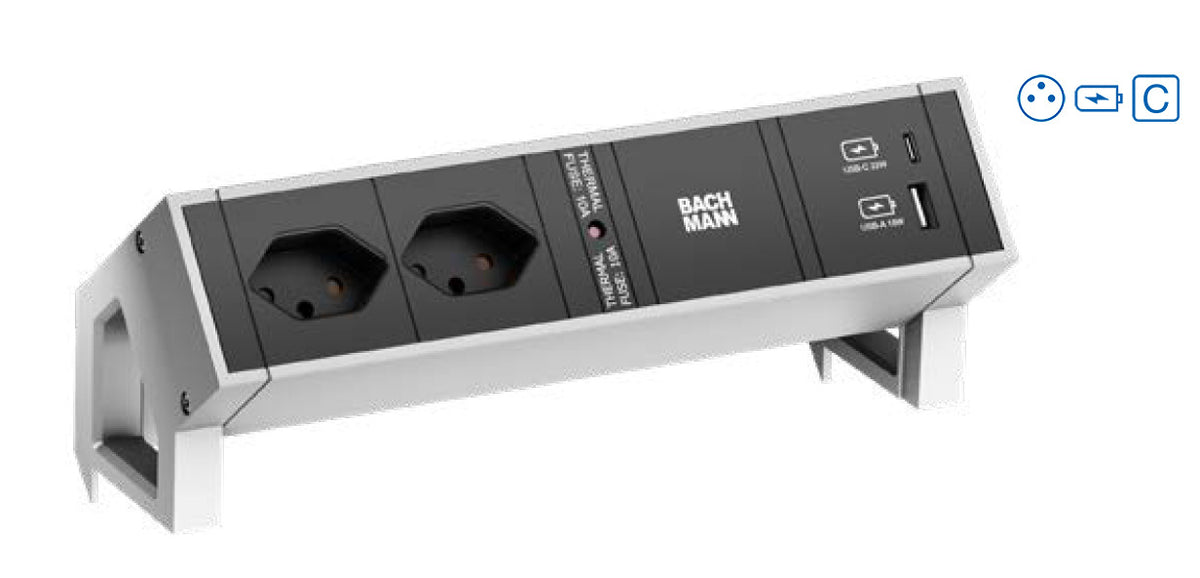Bachmann DESK2 Tischsteckdosenleiste, 2×UTE, 1×USB‑A + 1×USB‑C 22 W, 0,2 m Kabel – Silber