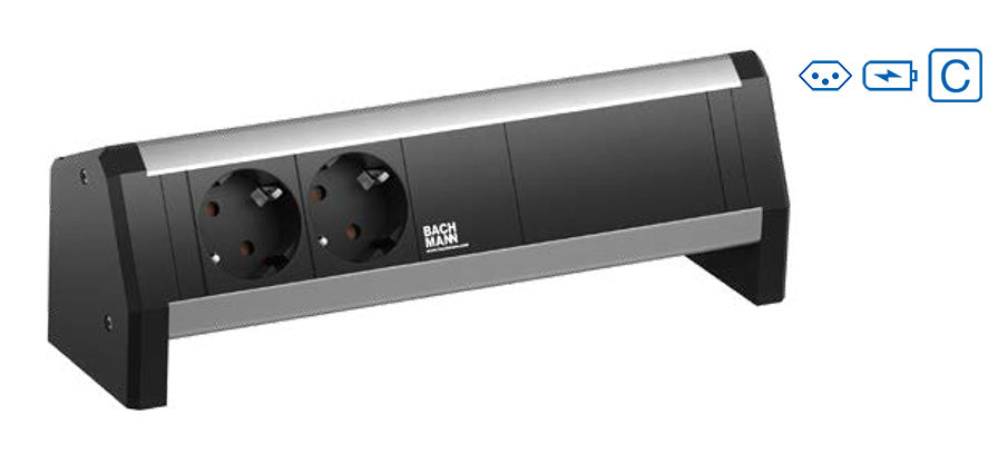 Bachmann DESK 1 Tischsteckdosenleiste, 2×T13, 1×USB-A + 1×USB-C, ohne Schalter, Eingang GST18I3 – silber