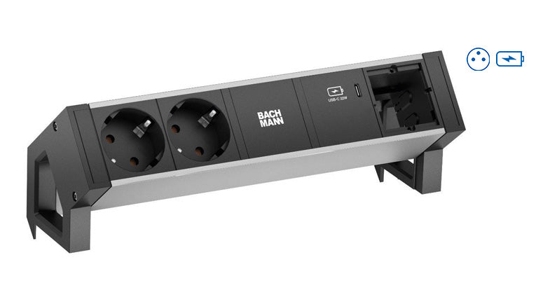 BACHMANN DESK2 ALU Steckdoseneinheit – 2×UTE, USB-C 30 W, 0,2 m Kabel, GST18, Aluminium/Schwarz