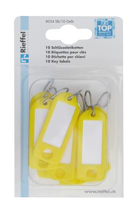 Rieffel Schlüsselschild – beschriftbar, mit S-Haken, Kunststoff, gelb, 10er-Pack