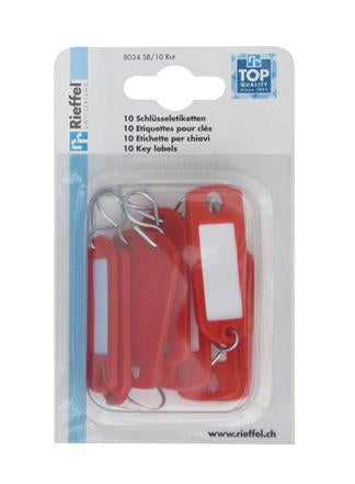 Rieffel Schlüsselschild – beschriftbar, mit S-Haken, Kunststoff, rot, 10er-Pack