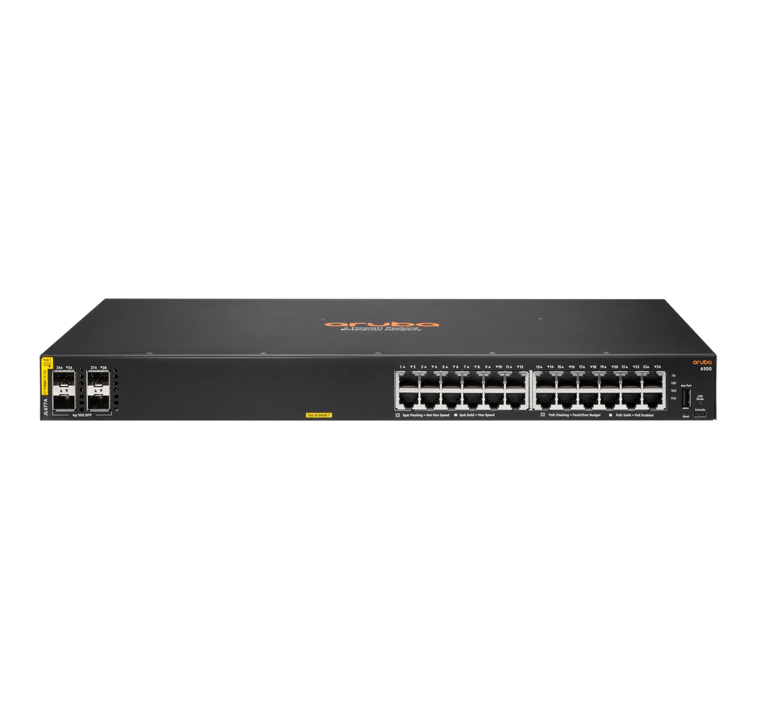 HPE Aruba 6100 24G – Managed L3 Switch – 24× 1G, 4× SFP+, PoE+, PoE-Budget 370 W, 19", 1U