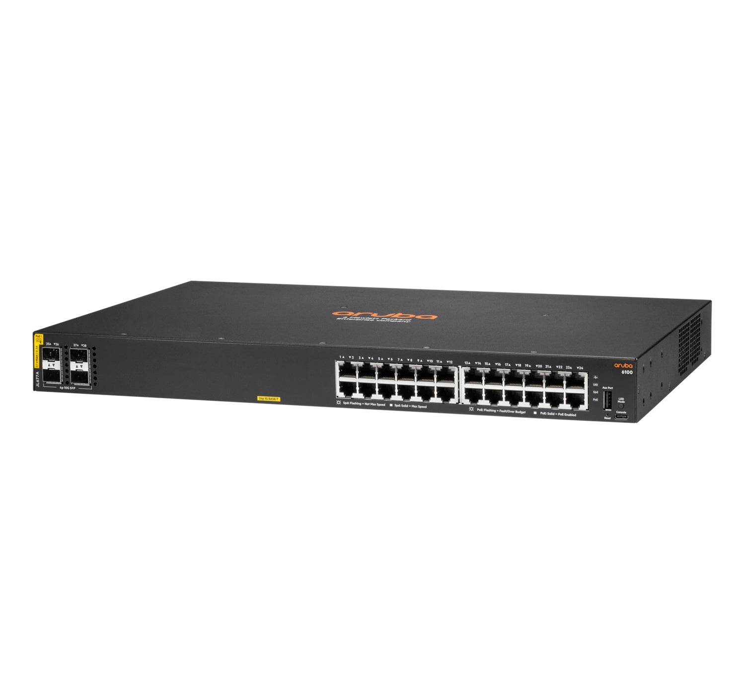 HPE Aruba CX 6100 JL677A – Managed L3 Switch – 24× 1G, 4× SFP+, PoE+, PoE-Budget 370 W, 19", 1U