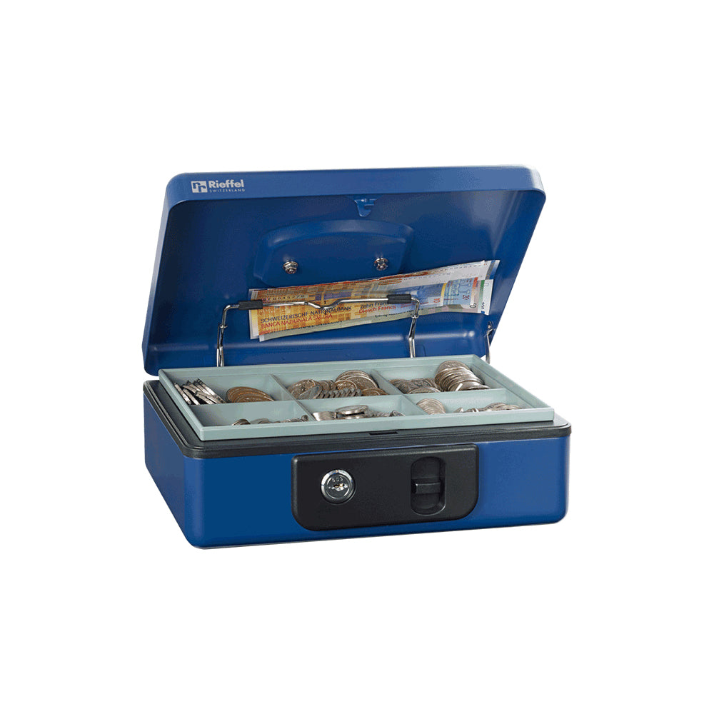 Rieffel Geldkassette – mit Schlüssel – 23 × 18,5 × 8,6 cm – Blau – Stahl