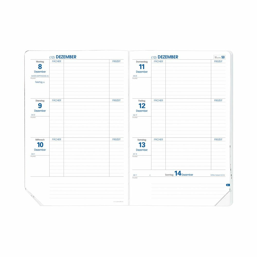 Quo Vadis Texthebdo Club – Schulagenda 2026/27, 1 Woche/2 Seiten, 16 × 24 cm, Navy