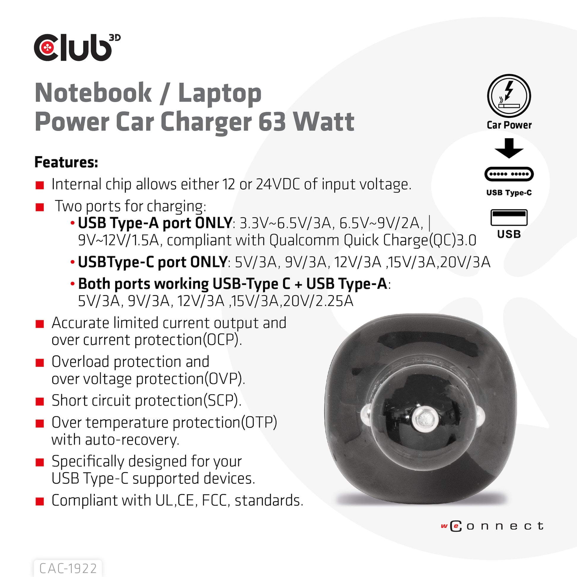 CLUB3D Club 3D CAC-1922 Auto-Ladegerät 63 W – USB-C×1, USB-A×1 – für 12–24 V Bordnetz