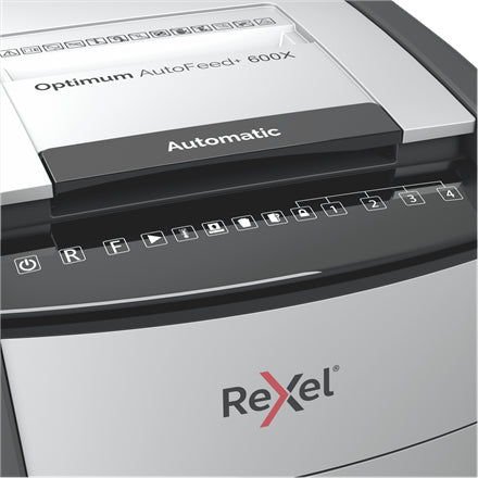 Rexel Optimum AutoFeed+ 600X – Aktenvernichter mit Autofeed 600 Blatt, DIN P-4, Partikelschnitt 4 × 36 mm, 110