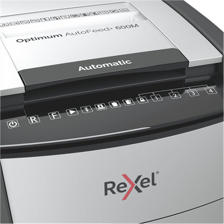Rexel Optimum AutoFeed+ 600M – Aktenvernichter mit Autofeed 600 Blatt, DIN P-5, Mikroschnitt 2 × 15 mm, 110 l