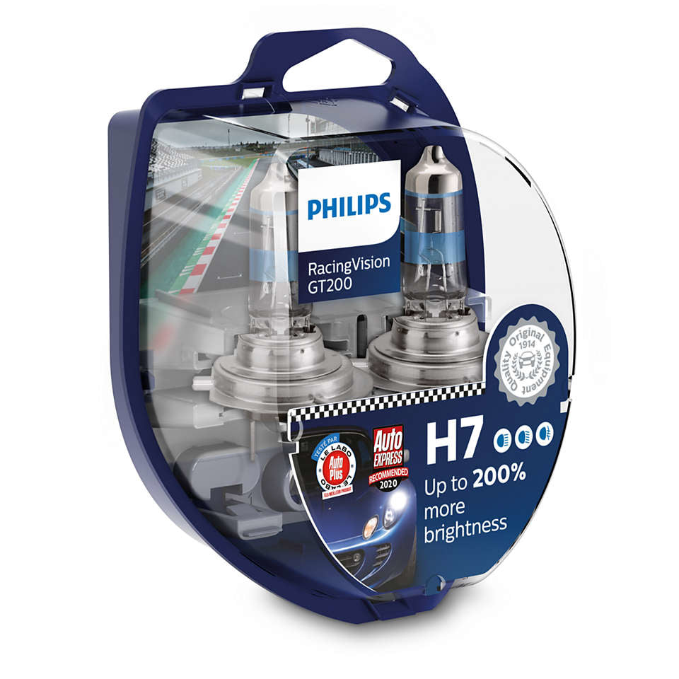 Philips Halogen-Leuchtmittel H7 (PX26d) – 3500 K, 1500 lm, 55 W – 12 V – 2 Stk. – Racing Vision GT200
