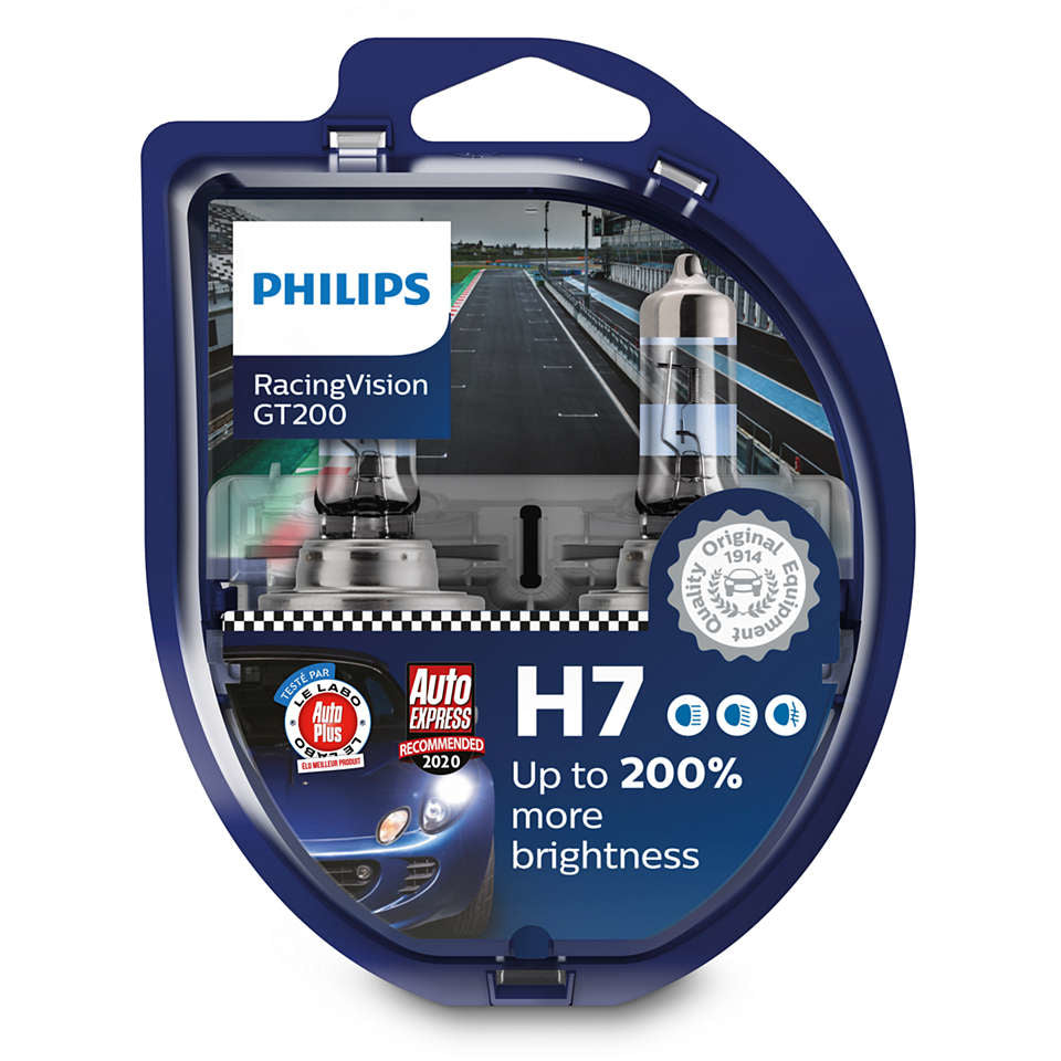 Philips Halogen-Leuchtmittel H7 (PX26d) – 3500 K, 1500 lm, 55 W – 12 V – 2 Stk. – Racing Vision GT200