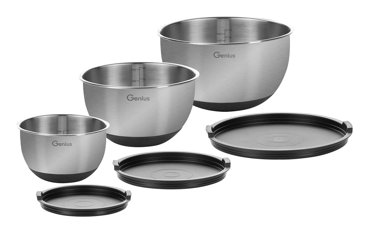 Genius Schüsseln – 3er Set, 1,6 l/2,2 l/3,7 l, Ø 16/18/22 cm, Edelstahl, Schwarz, mit Deckel