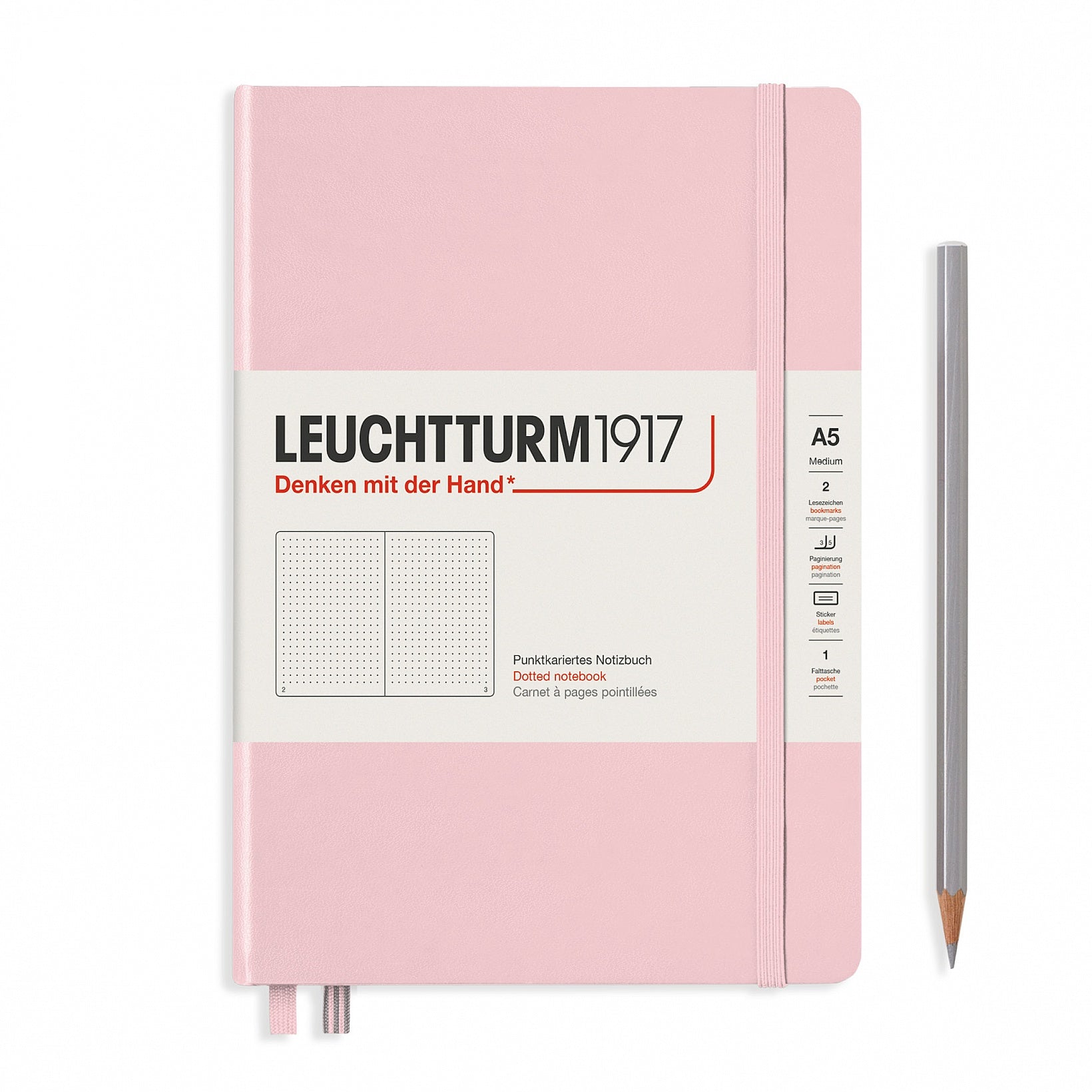 Leuchtturm Notizbuch – A5 – punktiert 5 mm – 249 Seiten – 80 g/m² – Hardcover, Gummiband, Stiftschlaufe, rosa