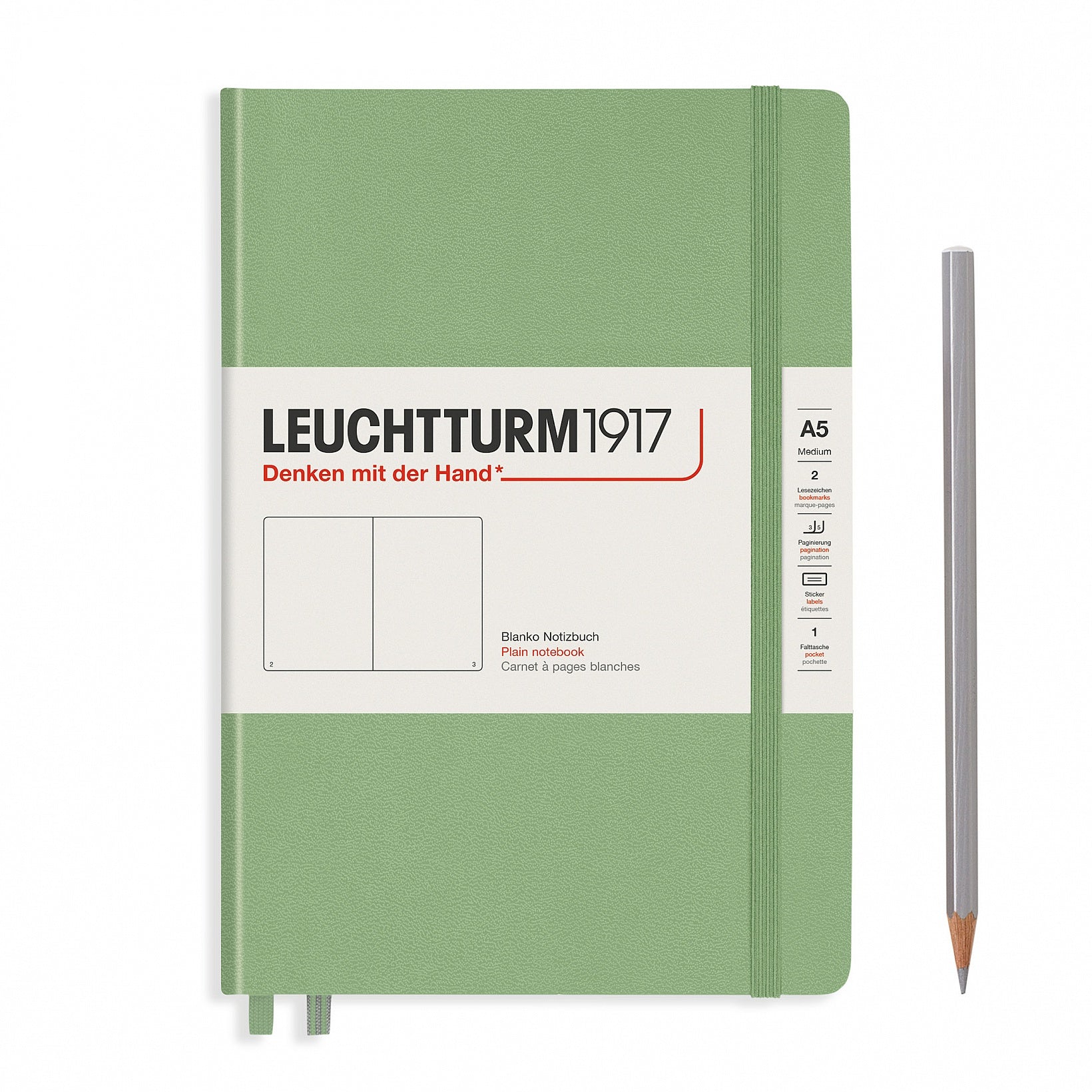 Leuchtturm Notizbuch – A5 – blanko – 249 Seiten – 80 g/m² – Hardcover, Gummiband, Stiftschlaufe – Salbei