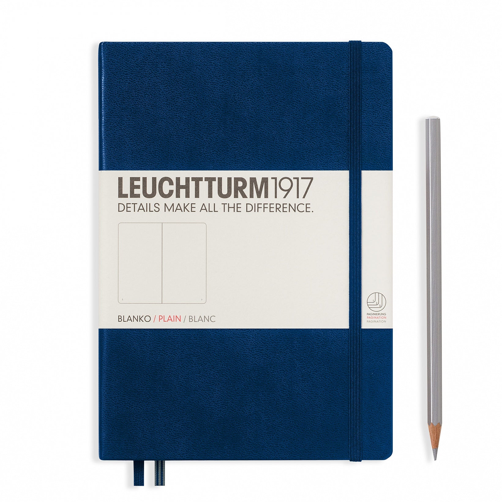 Leuchtturm Notizbuch – A5 – blanko – 249 Seiten – 80 g/m² – Hardcover, Gummiband, Stiftschlaufe – marineblau