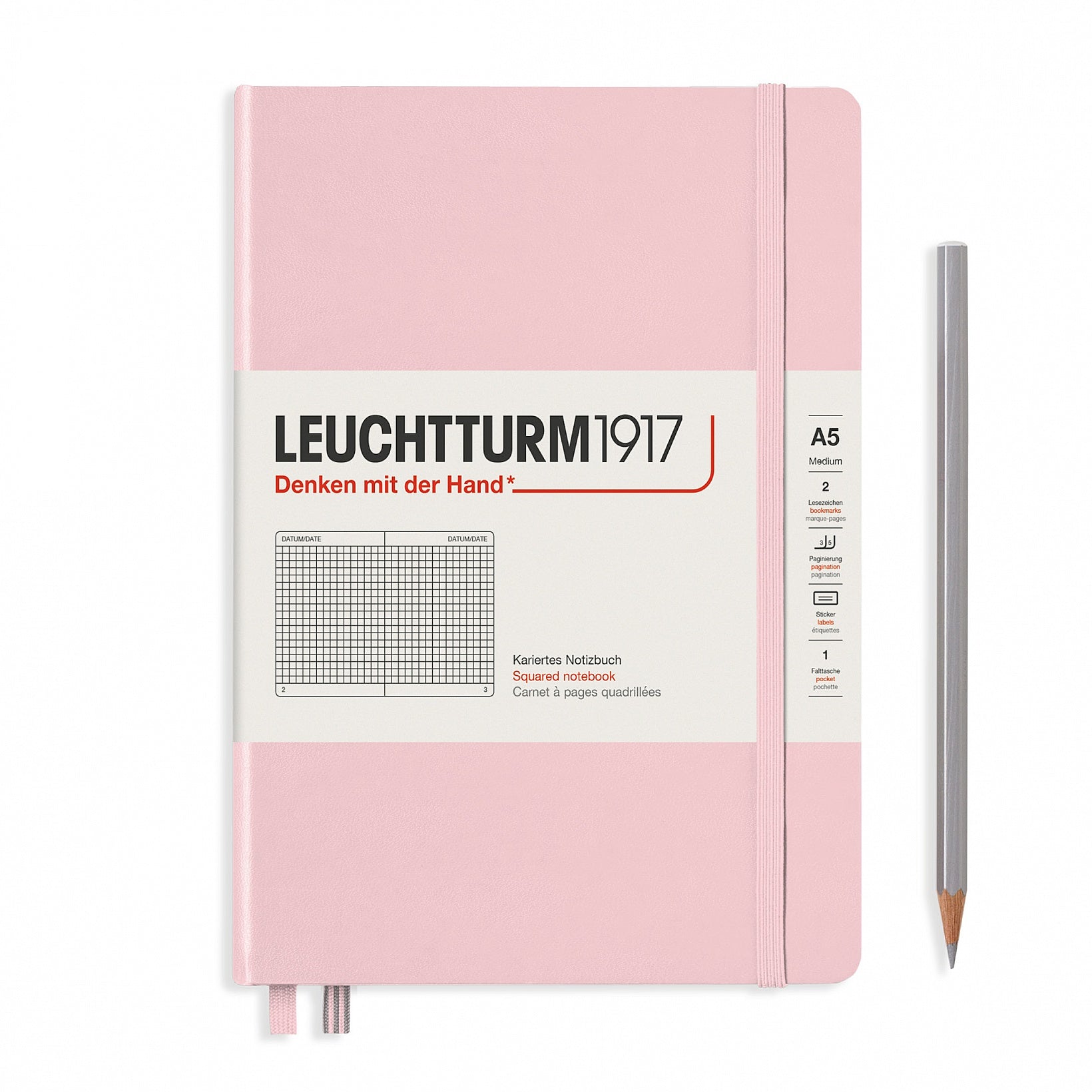 Leuchtturm Notizbuch – A5 – kariert 5 mm – 249 Seiten – 80 g/m² – Hardcover, Gummiband, Stiftschlaufe, rosa