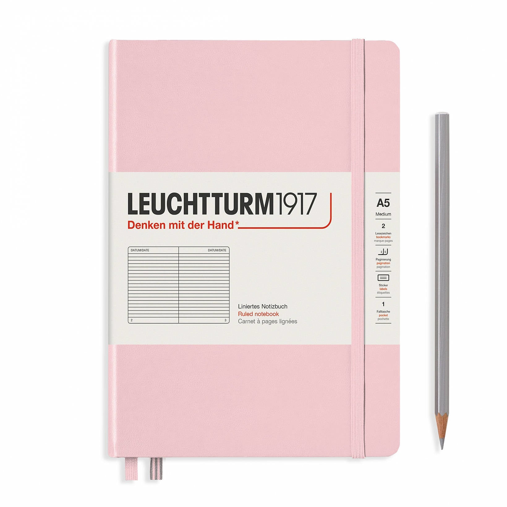 Leuchtturm Notizbuch – A5 – Liniert 5 mm – 249 Seiten – 80 g/m² – Hardcover, Gummiband, Stiftschlaufe – Rosa
