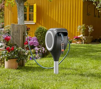 Gardena Schlauchbox 15 m – automatisch, mit Aquastop, wetterfest, mit Schlauch, schwarz/grau
