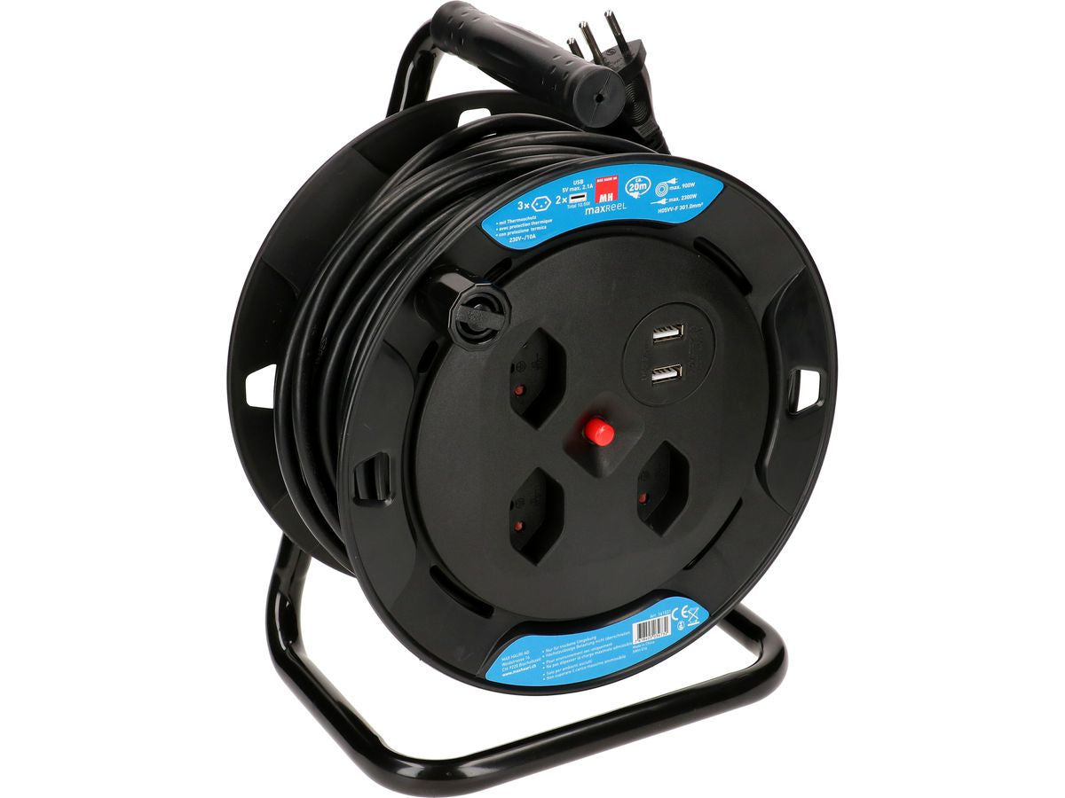 Max Hauri AG Max Hauri Kabelrolle – 3× T13, 2× USB-A, 20 m, ohne Schalter, Kinderschutz, Thermoschutz, schwarz