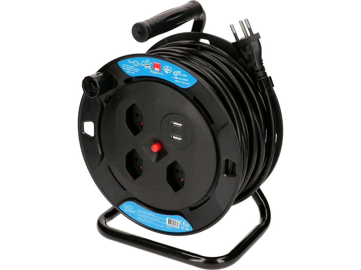 Max Hauri AG Max Hauri Kabelrolle – 3× T13, 2× USB-A, 20 m, ohne Schalter, Kinderschutz, Thermoschutz, schwarz