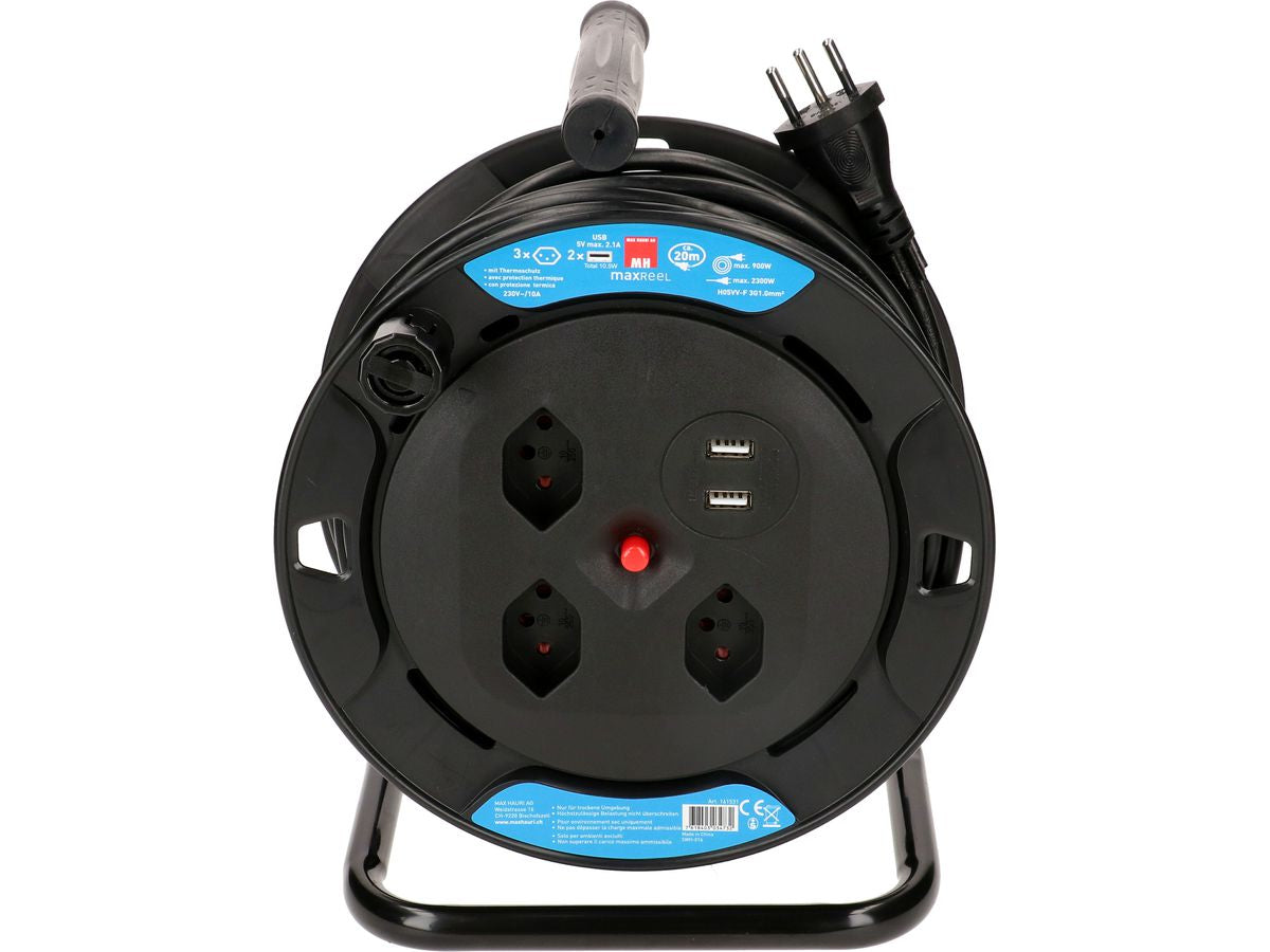 Max Hauri AG Max Hauri Kabelrolle – 3× T13, 2× USB-A, 20 m, ohne Schalter, Kinderschutz, Thermoschutz, schwarz
