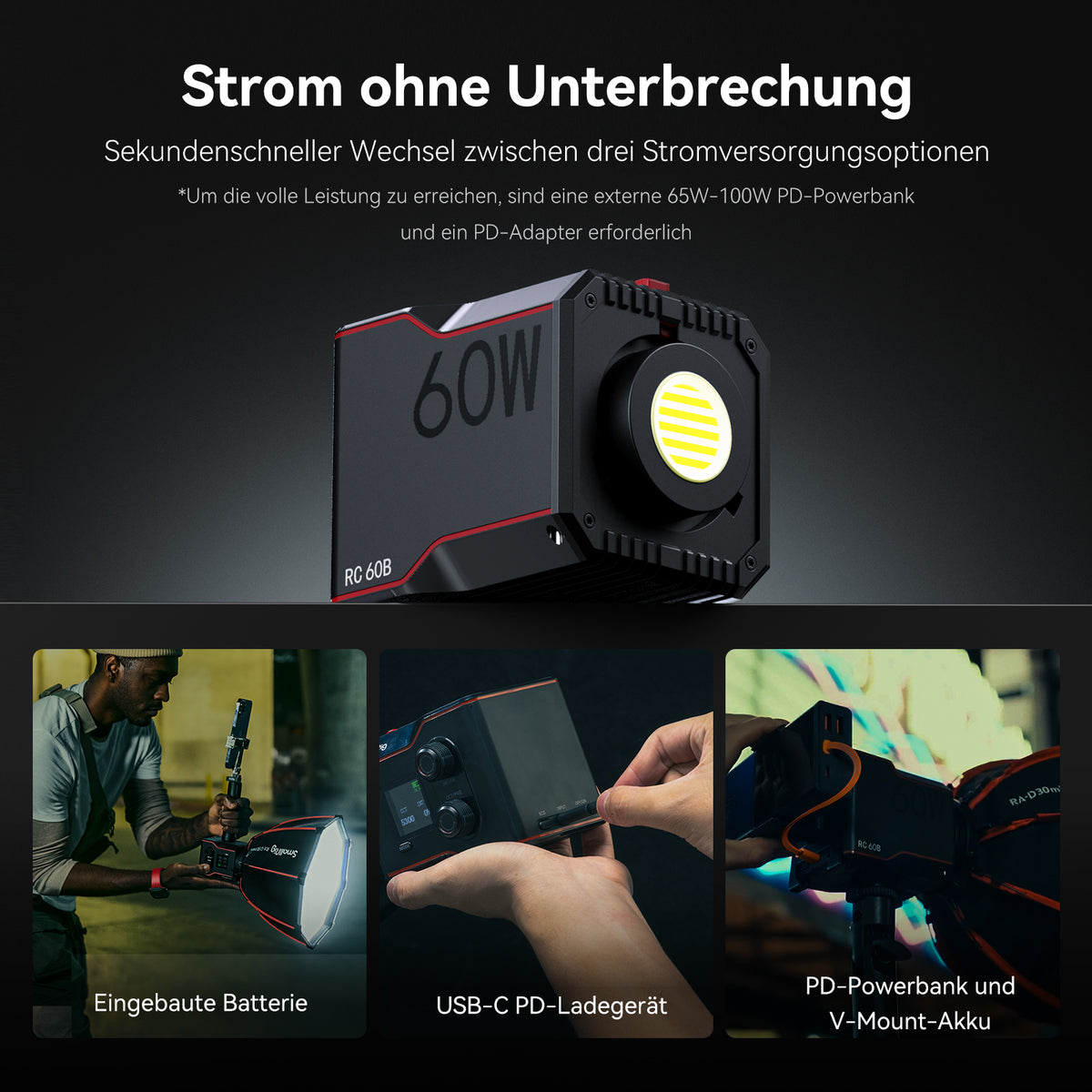 SmallRig R60B COB-LED-Video-Licht – 63 W, 2700–6500 K, CRI 97 – Akku, Schwarz