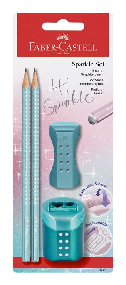 Faber-Castell Sparkle Schreibset B, dreikantig – mit Spitzer & Radierer