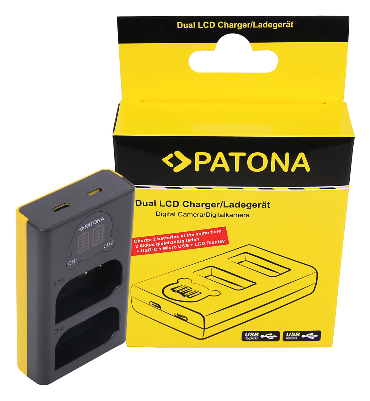 PATONA DMW-BLK22 Dual-USB Akkulader – für Panasonic DMW-BLK22, DC-S5, G9 und weitere – 2-fach, USB, Schwarz