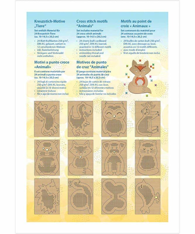 URSUS Stickset Kreuzstich – Tiere – 14,5 × 20 cm – 12 Motive – Karton, Braun