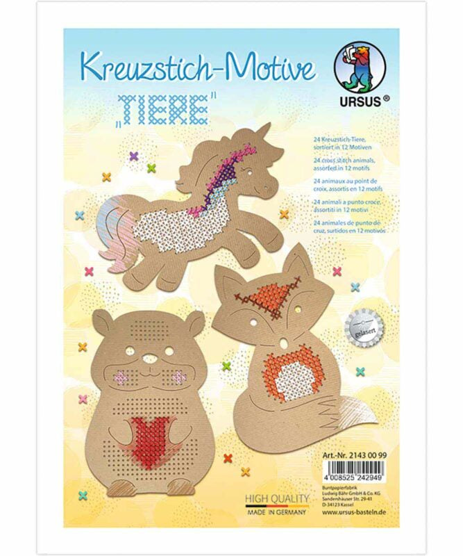 URSUS Stickset Kreuzstich – Tiere – 14,5 × 20 cm – 12 Motive – Karton, Braun