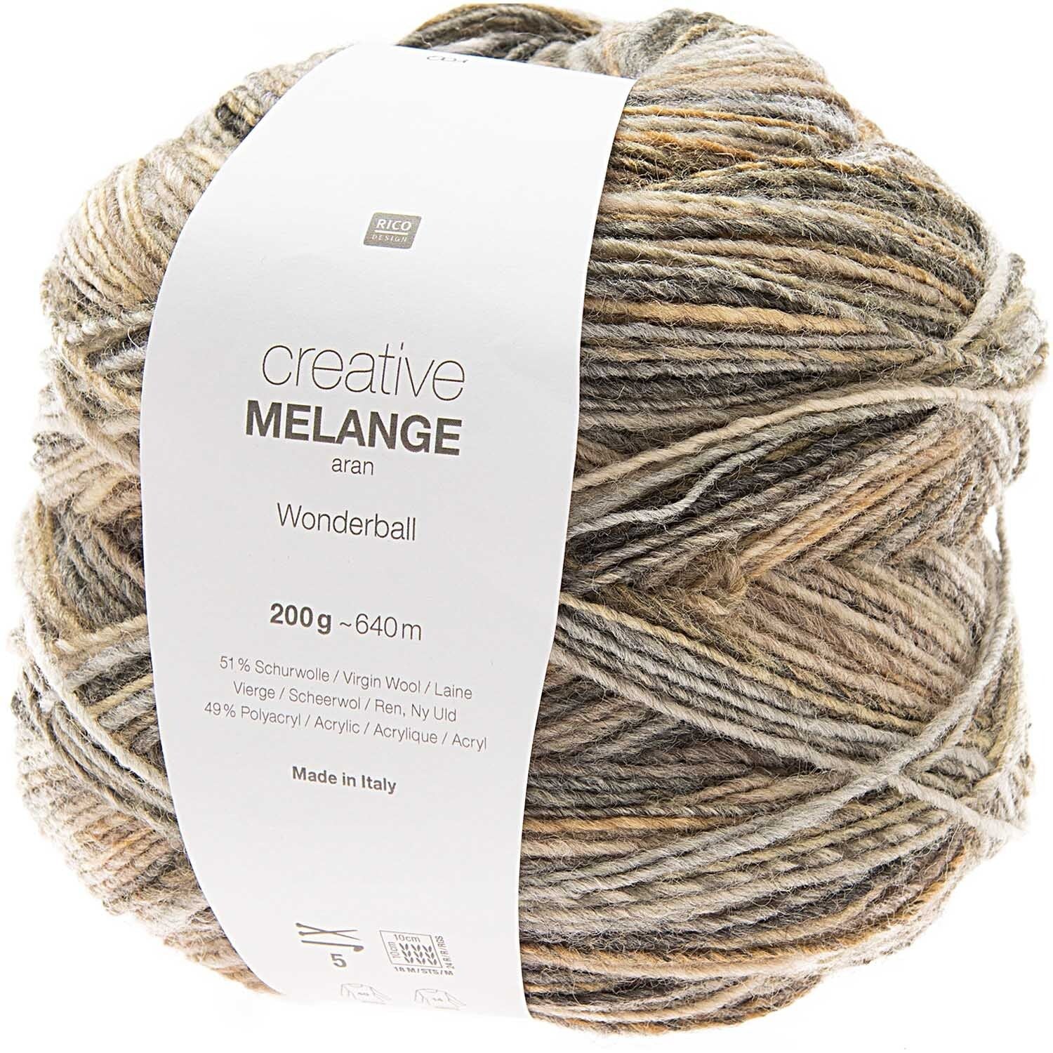 Rico Design Melange Wolle Natur-Mix – Aran, 200 g, 640 m, Nadel 5 mm, 51% Schurwolle/49% Polyacryl