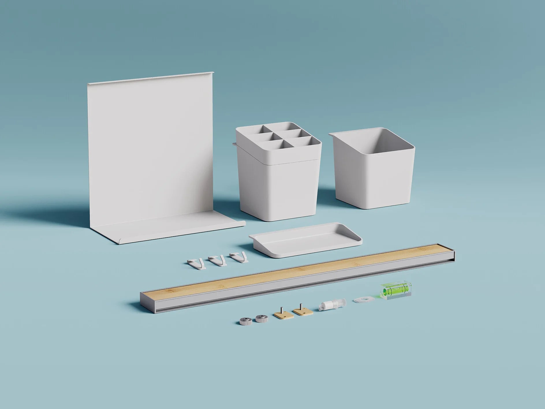 TESA Küchenorganizer Kombi-Set M – für Küchenreling – mit Zierblende Weiss & Bambus – 60 × 34 × 15 cm