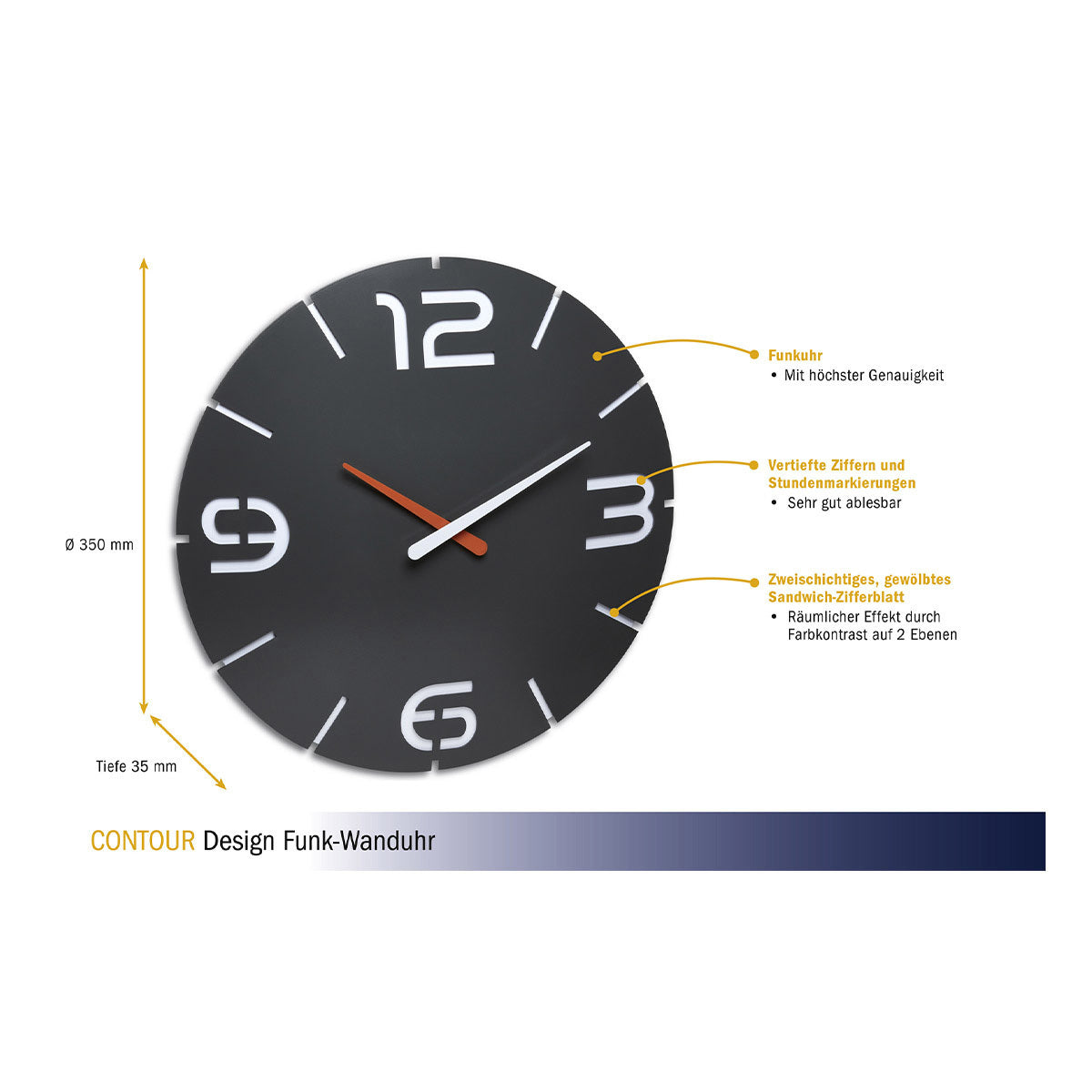 TFA-Dostmann TFA Dostmann CONTOUR Wanduhr – Funk, analog, Ø 35 cm, grau, Kunststoff