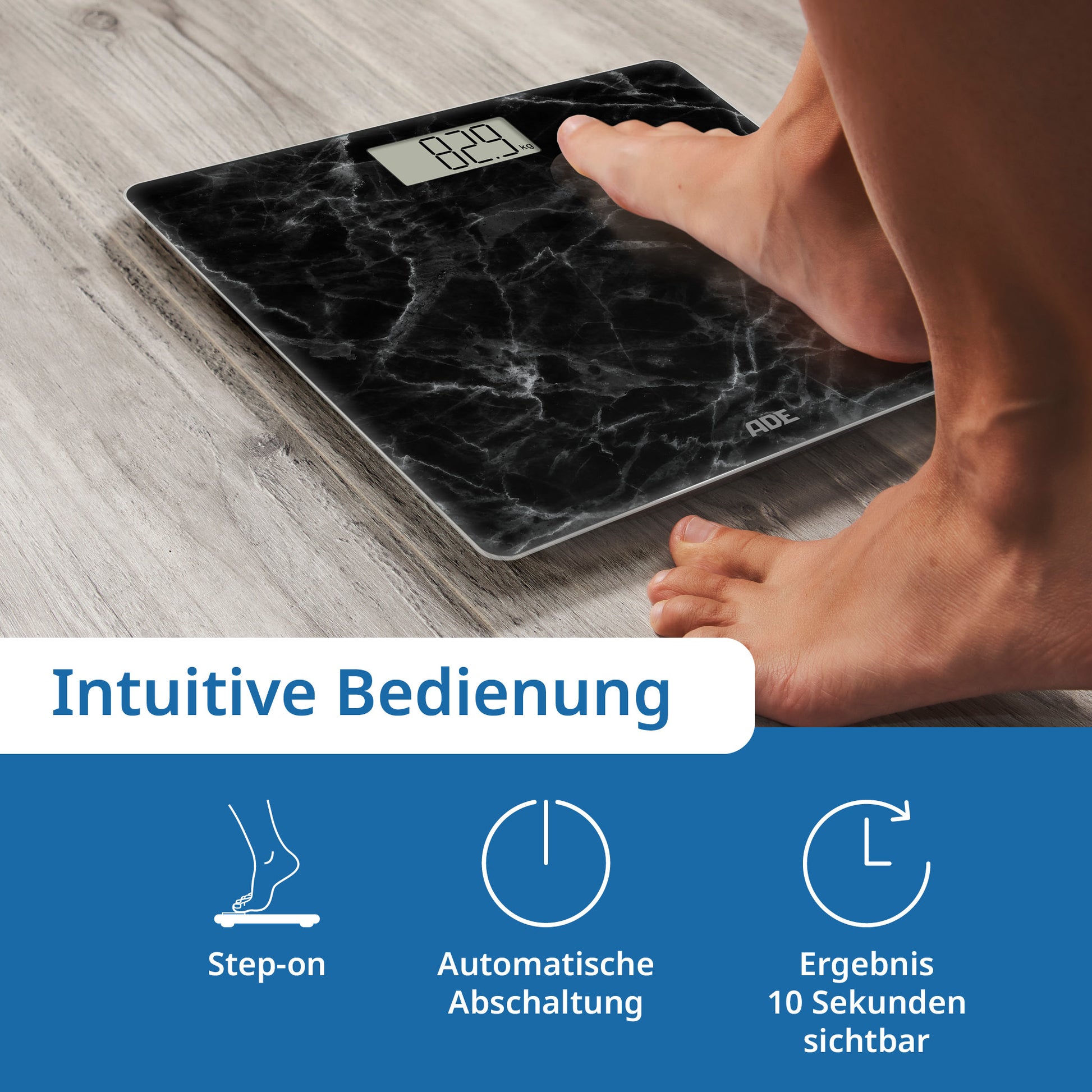 ADE Paketwaage Amina Marmor – Tragkraft 180 kg, Teilung 100 g, Wiegefläche 30 × 30 cm, Batterie, Glas