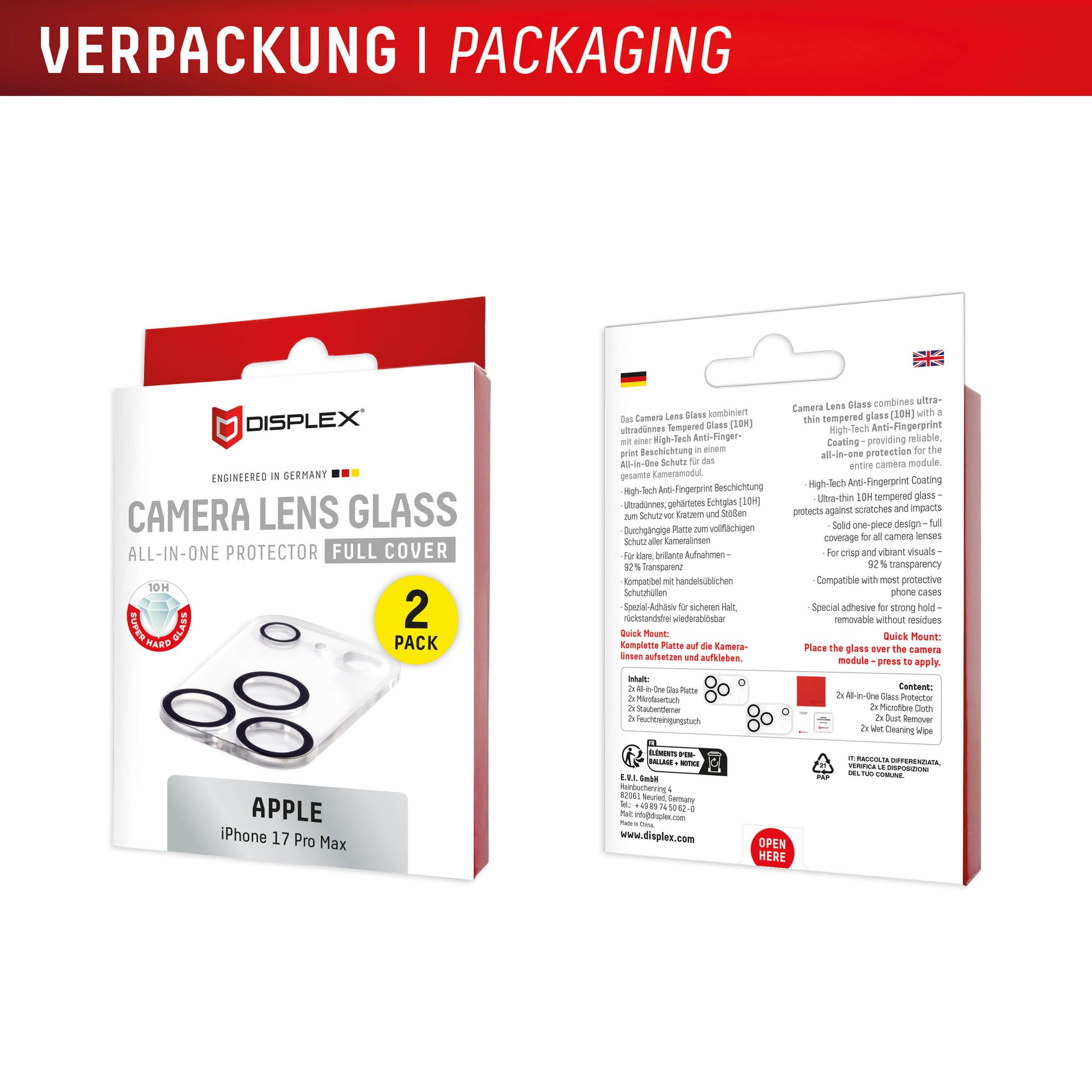 E.V.I. CamGlass – Kamera-Schutzglas, 10H, staub- & schlagresistent – für iPhone 17 Pro Max