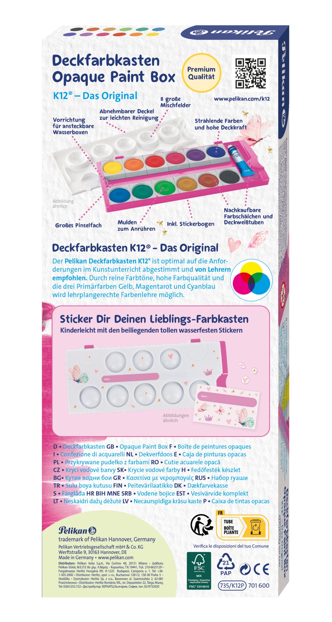Pelikan K/12 Pink Deckfarbkasten – Glitzer – 12 Farben (inkl. Deckweiss)