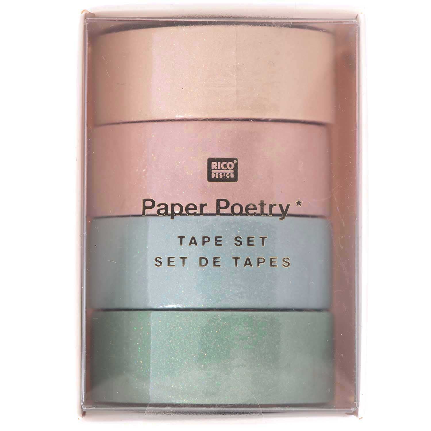 Rico Design Washi Tape – 15 mm × 5 m, mehrfarbig, Papier, Glitzer, wiederablösbar, 4 Rollen