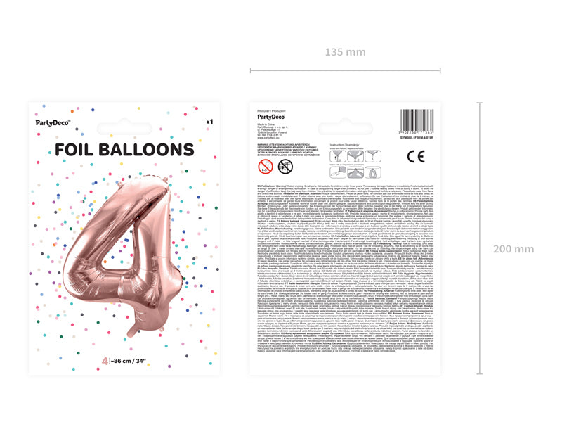 PartyDeco Folienballon Zahl 4 Geburtstag – Roségold – 86 cm – Folie – 1 Stk