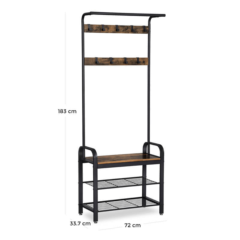 Vasagle Garderobenständer – 9 Haken, Stahl/Holz, Schwarz/Braun, 72 × 33,7 × 183 cm