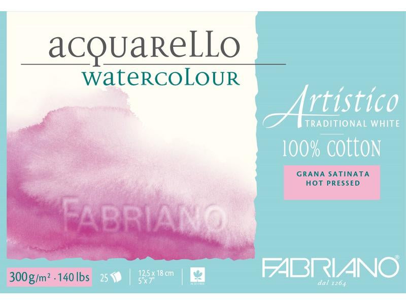 Fabriano Aquarellblock – 12,5 × 18 cm – 300 g/m² – 25 Blatt, heissgepresst