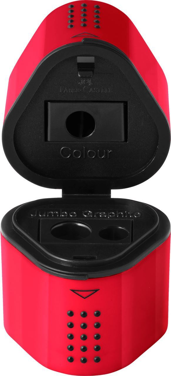 Faber-Castell Spitzer – manuell, 2-Loch, mit Behälter, für Blei- & Buntstifte Ø 8 & 10 mm, Kunststoff