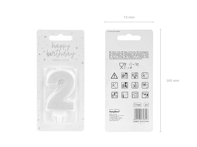 PartyDeco Geburtstagskerzen Zahl 2 – Silber – Ø 3 cm × 7 cm – 1 Stk