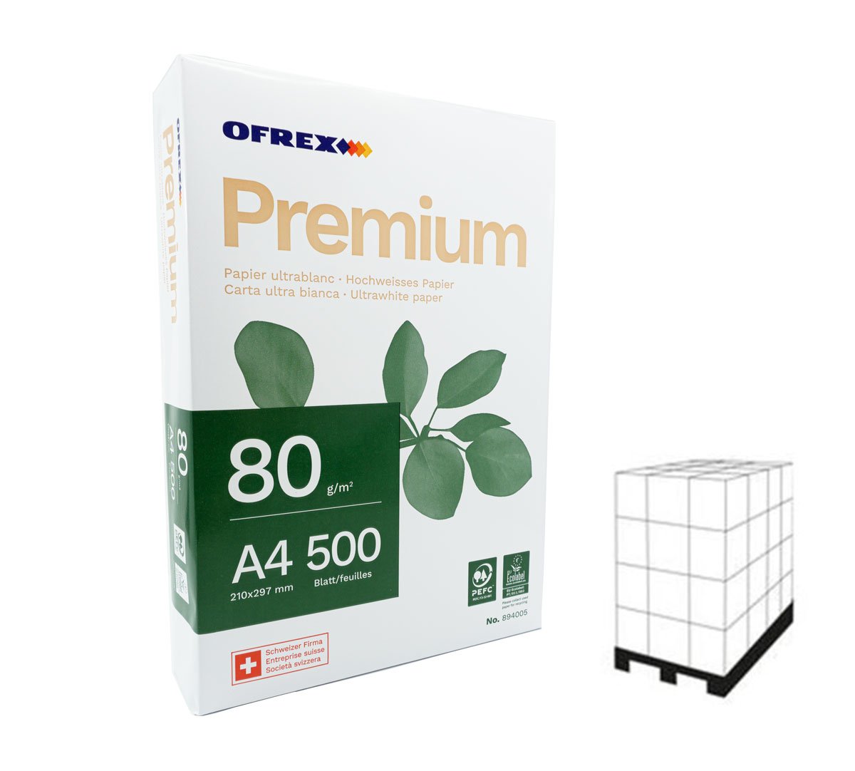 Ofrex Premium Kopierpapier – A4, weiss, 80g/m², 100'000 Blatt, PEFC