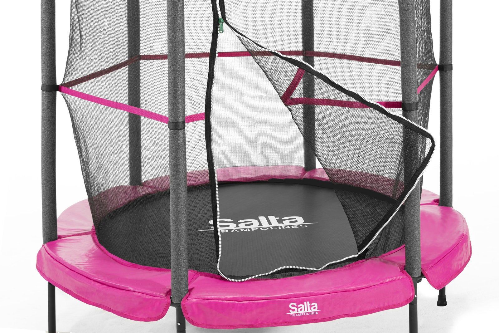 Salta Junior Trampolin – rund, Ø 140 cm – Sicherheitsnetz, 6 Beine, max. 35 kg – ab 3 J. – Stahl – rosa/pink