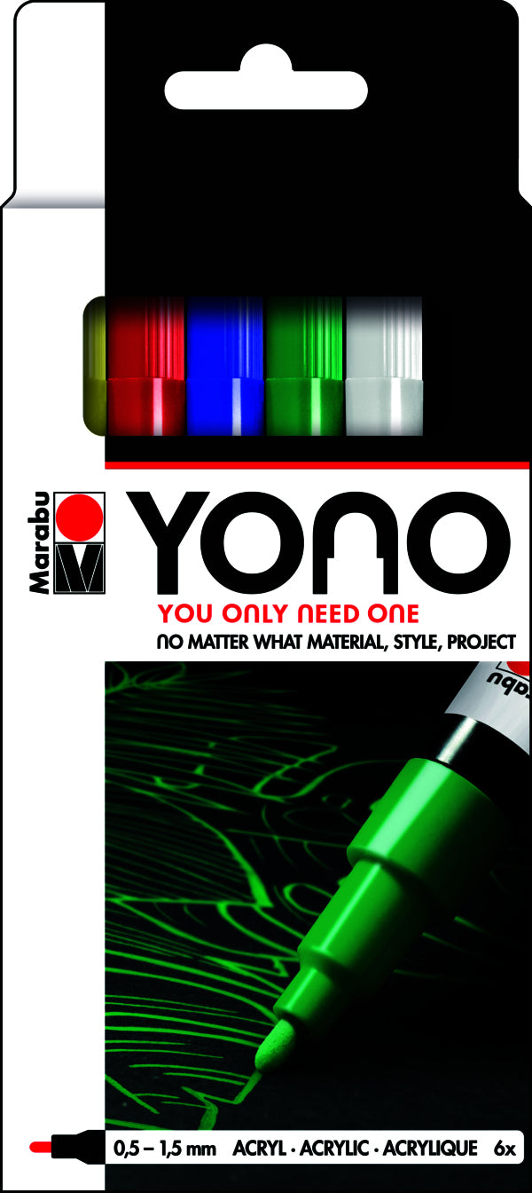 Marabu YONO – Acrylmarker – 0,5–1,5 mm, 6 Farben (sortiert), 6er-Set, wasserfest