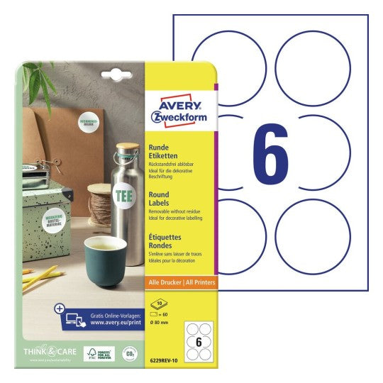 Avery Runde Etiketten, Ø 80 mm, weiss, Papier, wiederablösbar, 60 Etiketten (10 Blätter)