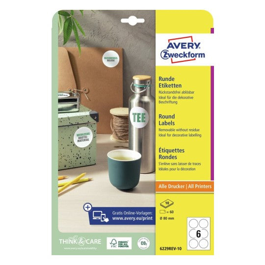 Avery Runde Etiketten, Ø 80 mm, weiss, Papier, wiederablösbar, 60 Etiketten (10 Blätter)