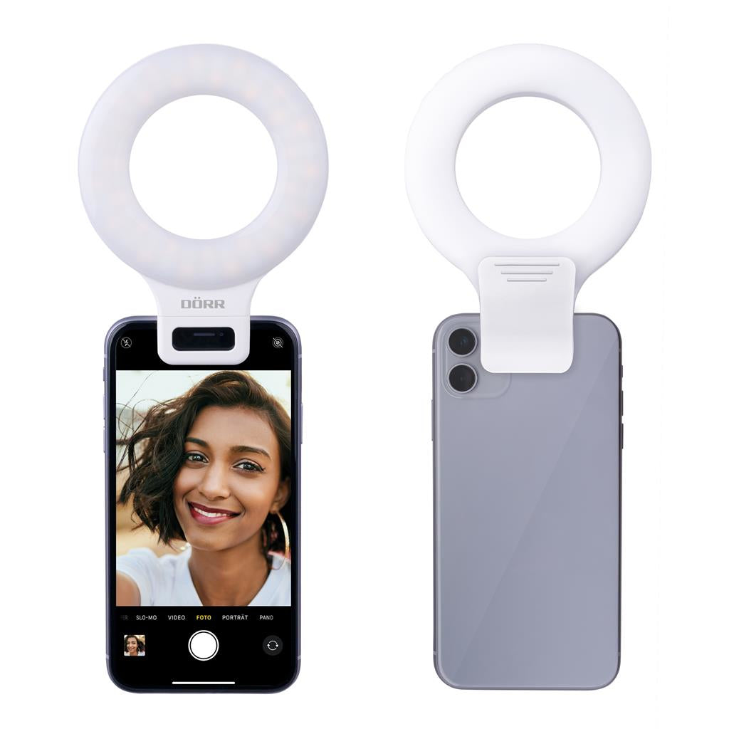Dörr Ringlicht SLR-9 – 95 × 55 mm – dimmbar, 3 Stufen, Smartphone-Halter, Kunststoff, schwarz