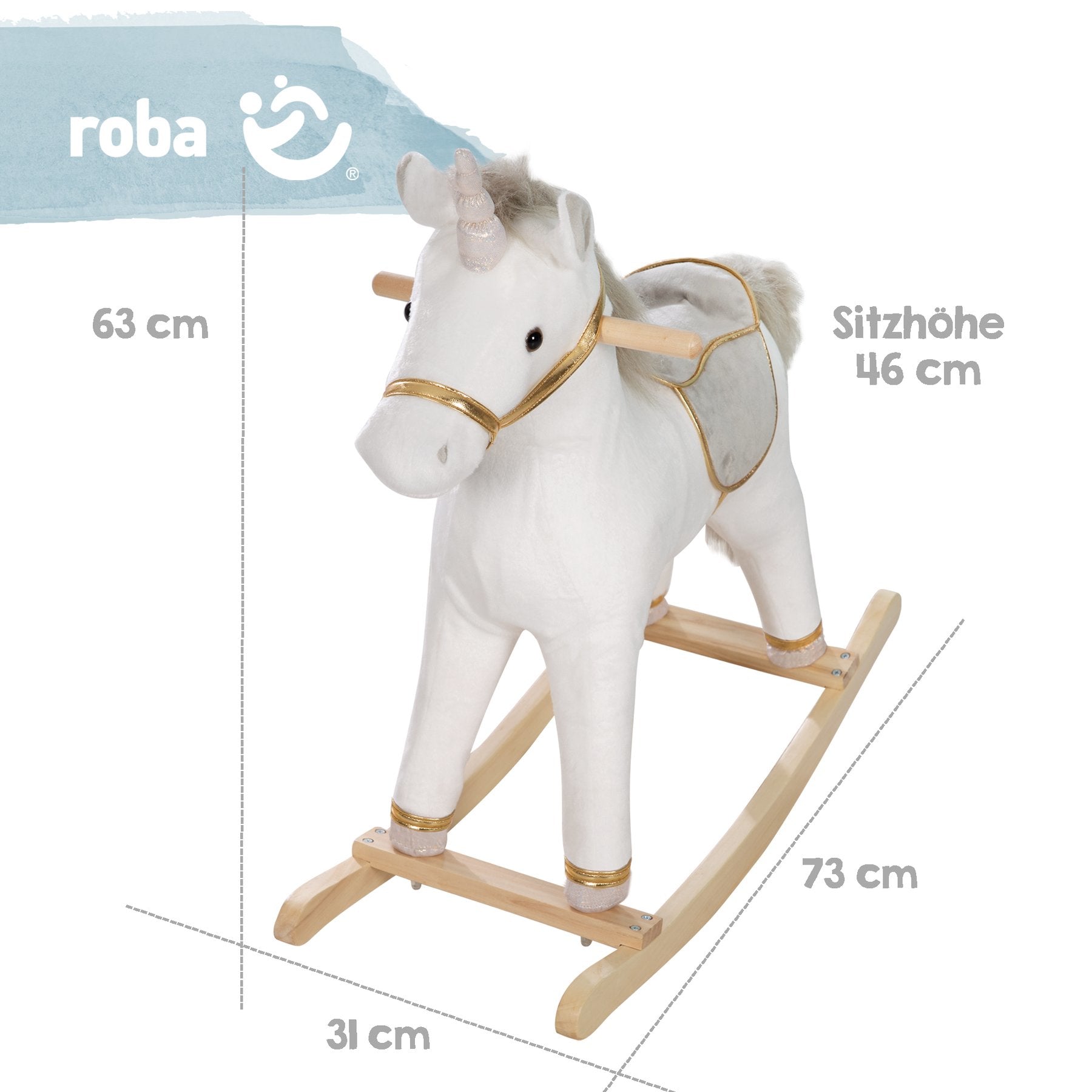 roba 460120 Schaukelspielzeug Einhorn – 31 × 63 × 73 cm – ab 2 Jahren – Sperrholz, Polyester – grau/weiss/gold