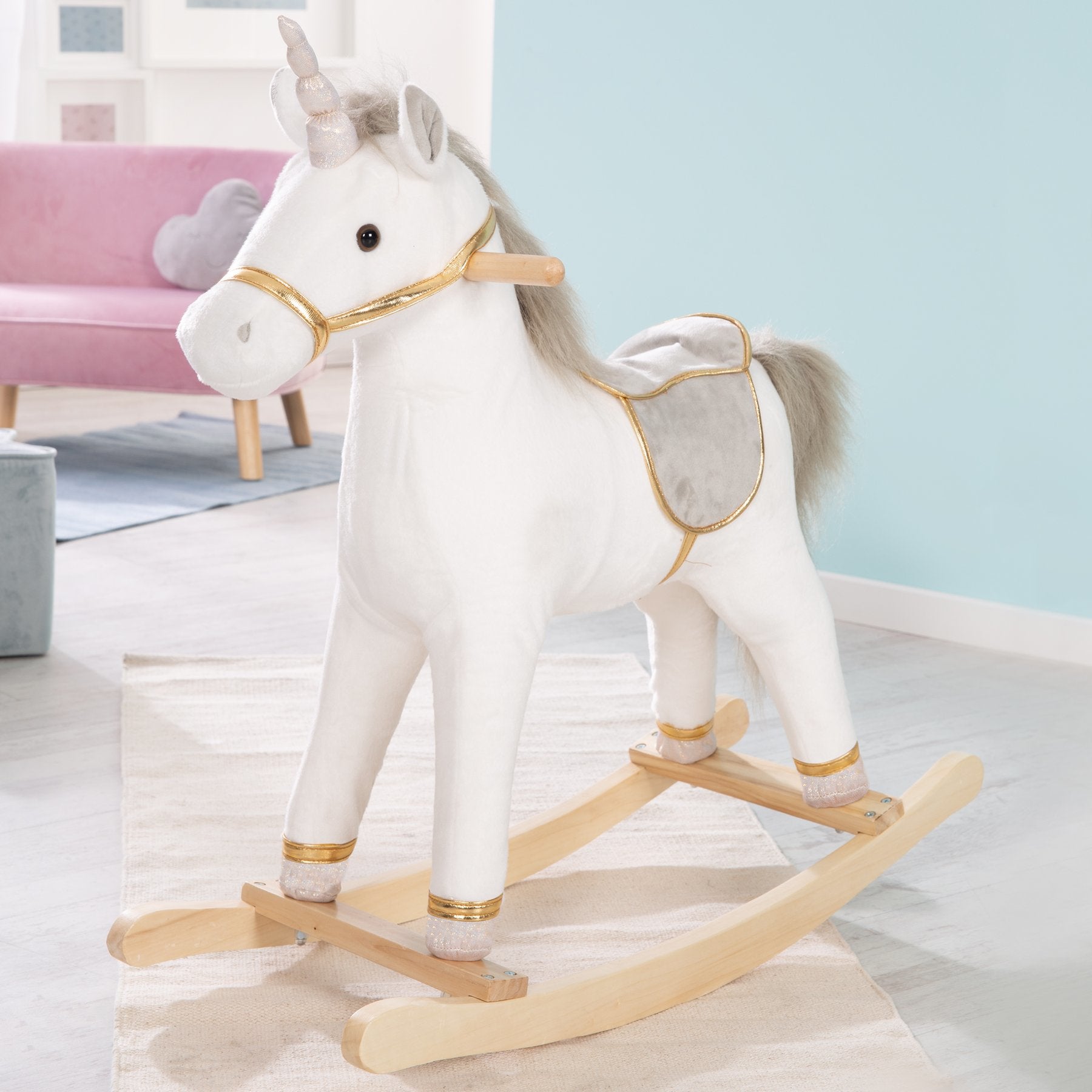roba 460120 Schaukelspielzeug Einhorn – 31 × 63 × 73 cm – ab 2 Jahren – Sperrholz, Polyester – grau/weiss/gold